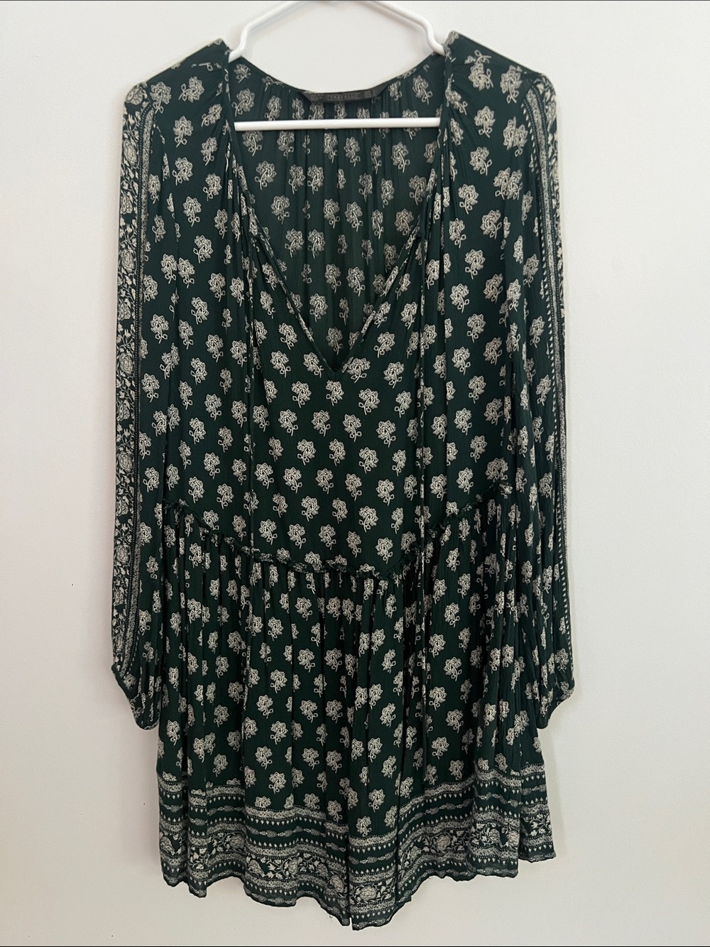 Women's Dark Green Printed V-Neck Peasant Dress